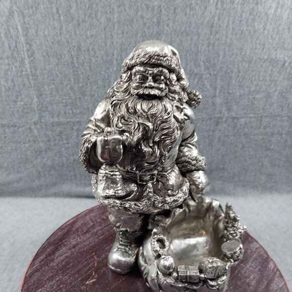 Detailed Silver Santa Claus Collectible Sculpture With Intricate Gift Basket - Picture 2 of 13